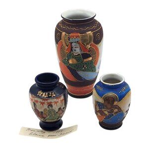Vintage Japanese Satsuma Miniature Porcelain Hand Painted Vase Wise Men Set of 3